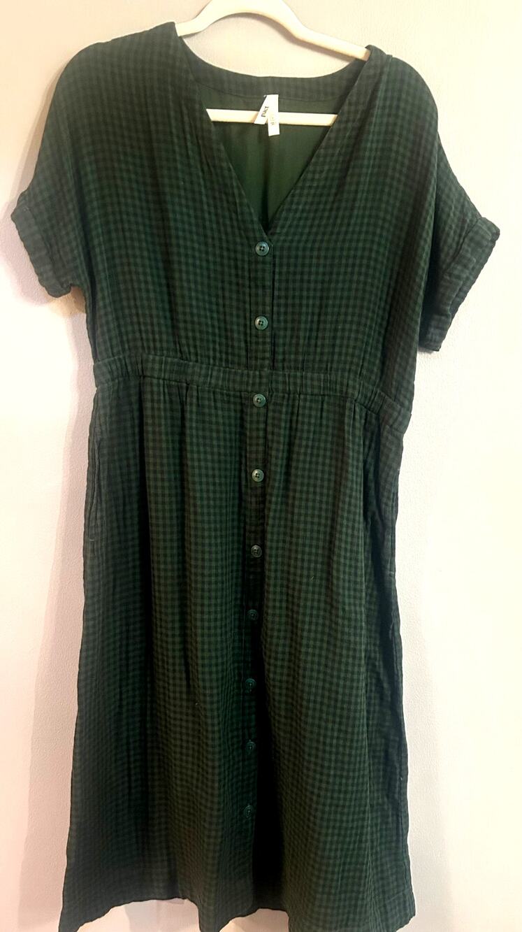 PACT Organic Cotton Gingham Midi Dress L Green Black Button Cottagecore Prairie